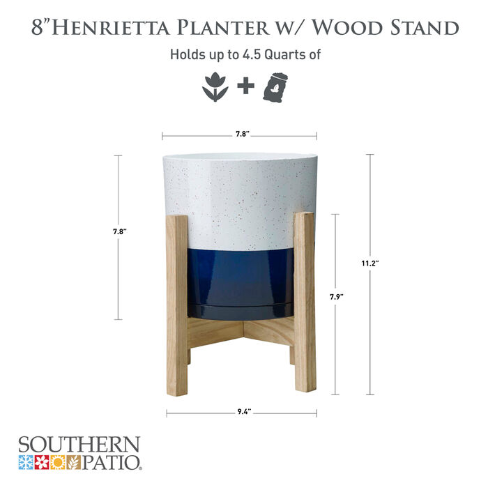 8" Henrietta Planter in White & Blue Two Tone Finish w/ Wood Stand image number 1