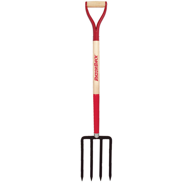 4 Tine Spading Fork, Forged, with Wood Handle and Steel D-Grip