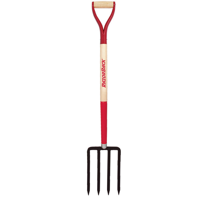 4 Tine Spading Fork, Forged, with Wood Handle and Steel D-Grip image number 0