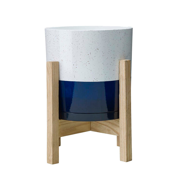 8" Henrietta Planter in White & Blue Two Tone Finish w/ Wood Stand image number 0