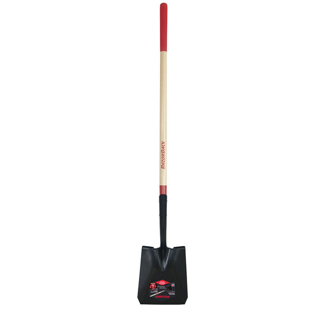 Square Point Shovel with Tab Socket and Forward Turned Step, Wood Handle and Cushion Grip
