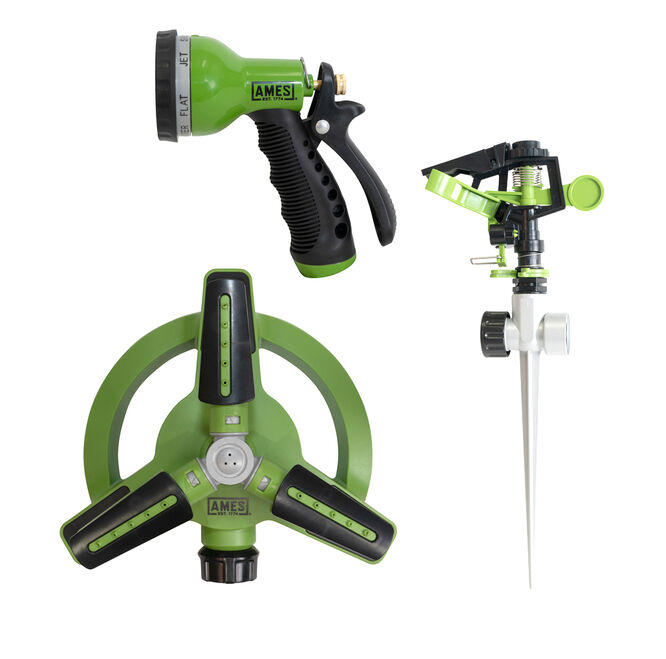 3-Pc Watering Set (1) Pulsating Spike Sprnklr (1) 3-Arm Rotating Sprnklr (1) 7-Pattern Spray Nozzle