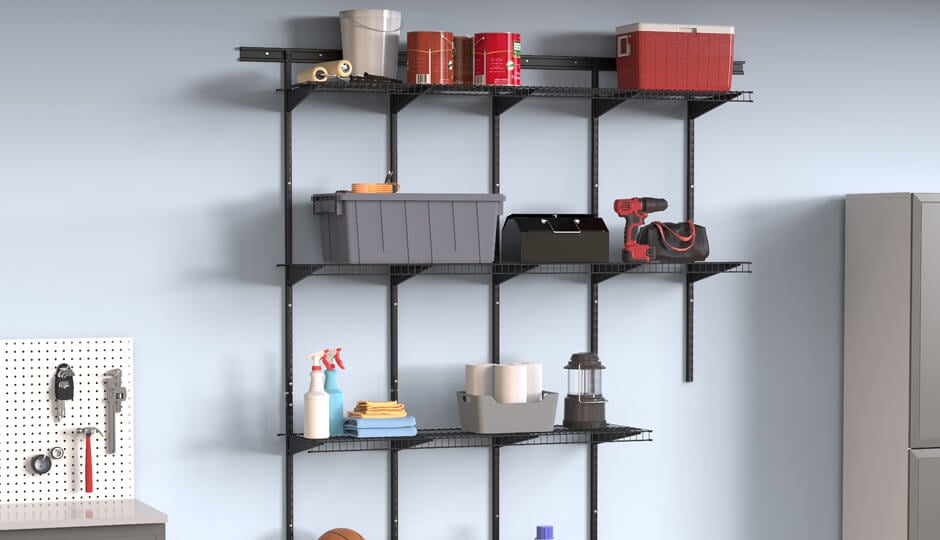 Stowing hefty items in the garage in a breeze when you install ShelfTrack MaxLoad™.