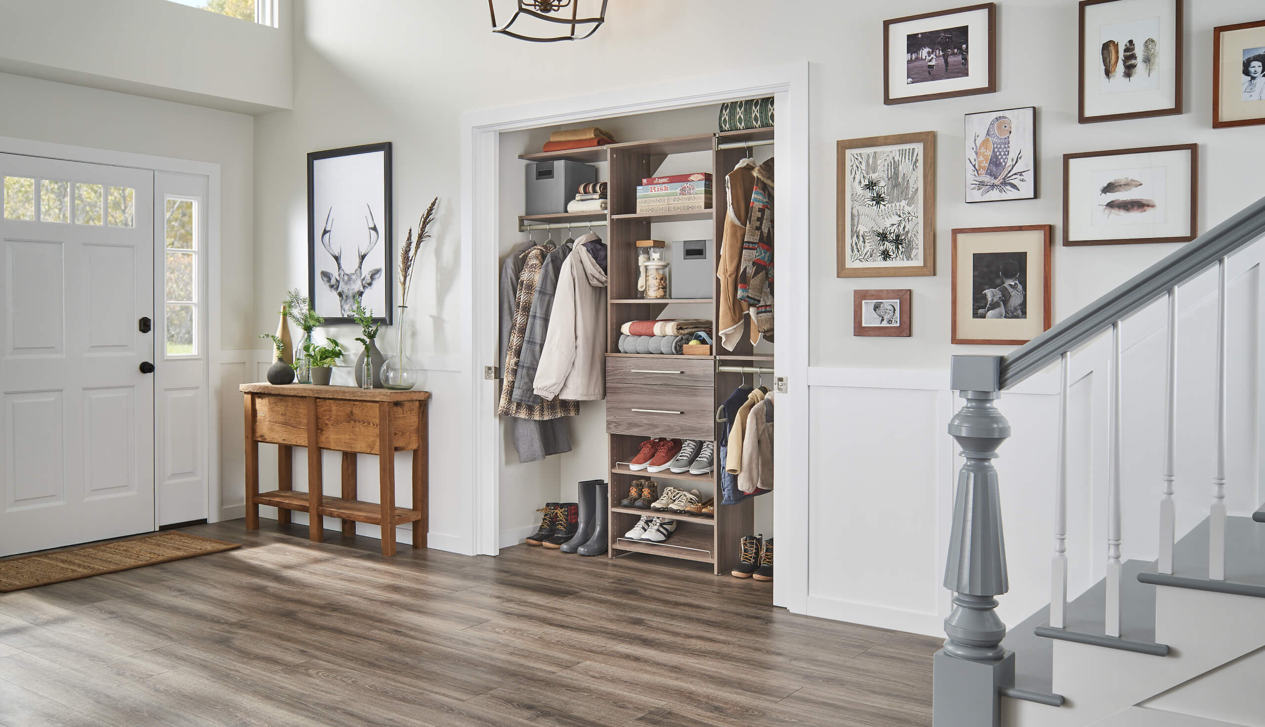 An entryway closet can be as beautiful as it is functional when it’s a SuiteSymphony closet.