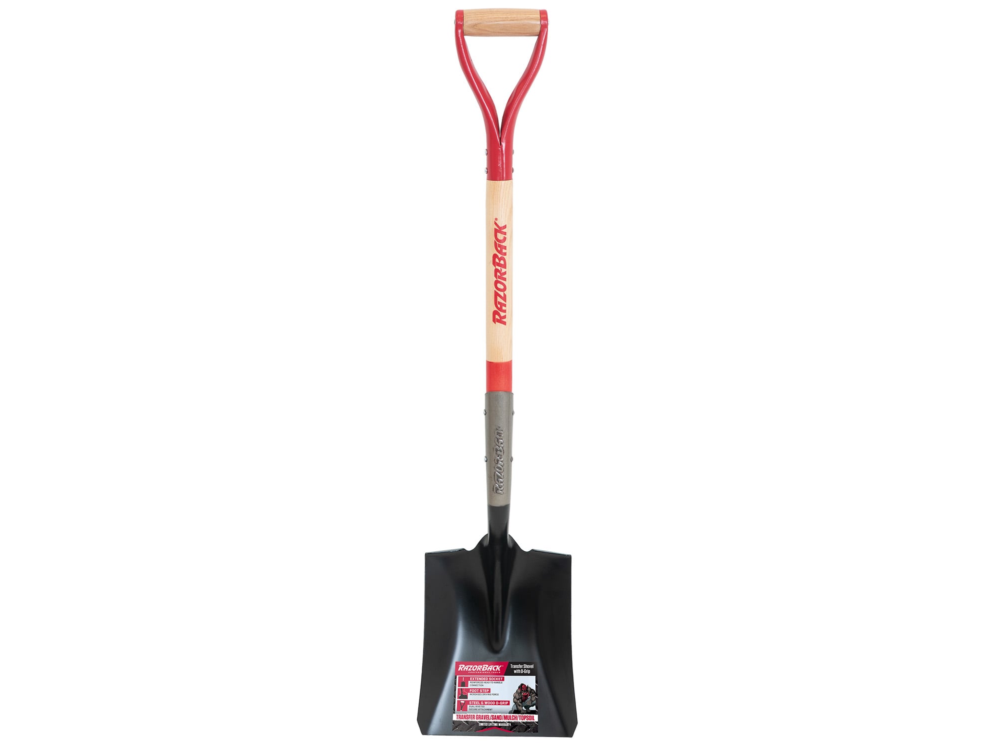 Square Point Shovel with Tab Socket and Forward Turned Step, Wood